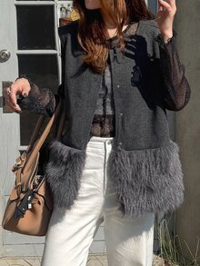 FRIFUL 女款秋季純色下擺拼接人造毛大衣 - 灰色 - 查看 5