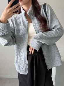 FRIFUL 女款秋季夾克，毛絨飾領，紋理布料身片，金屬拉鍊，標準版型 - 灰色 - 查看 4