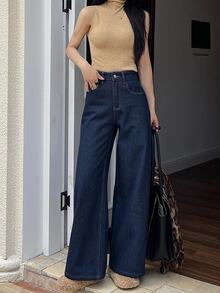 DAZY Women's Thermal Lined Wide Leg Loose Casual Denim Jeans With Pockets Fall - Blue - View 5