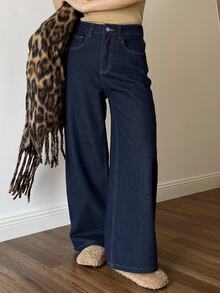 DAZY Women's Thermal Lined Wide Leg Loose Casual Denim Jeans With Pockets Fall - Blue - View 4