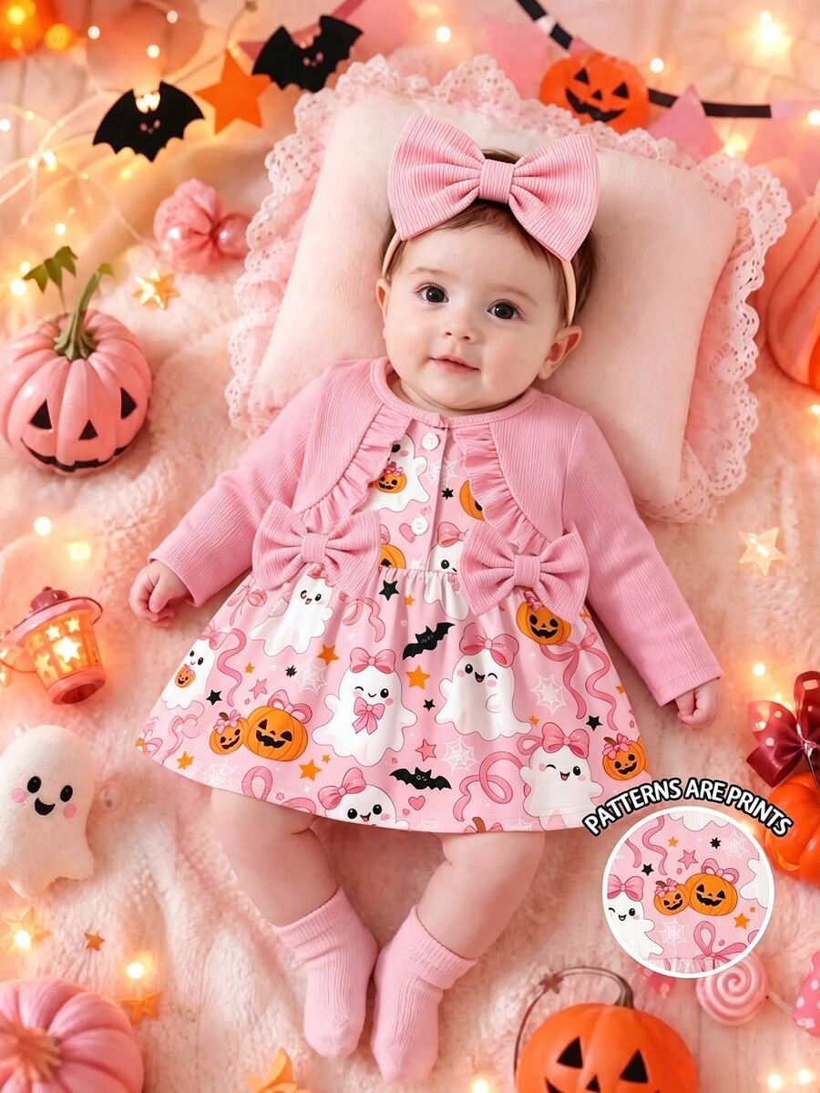 SHEIN Newborn Baby Girl 2pcs Dress, Cute Pumpkin Ghost Bow Print, Frill, Long Sleeve A-Line, Bow Headband, Halloween, Autumn/Winter Light Pink Baby Pink