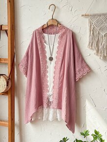 Rusticease 大尺碼女款優雅桃紅色蕾絲拼接和服式薄外套，波希米亞風夏季開襟薄夾克，灰色，度假休閒度假外罩衫，適合外出穿搭 - 粉色 - 查看 3