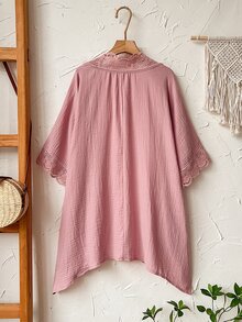 Rusticease 大尺碼女款優雅桃紅色蕾絲拼接和服式薄外套，波希米亞風夏季開襟薄夾克，灰色，度假休閒度假外罩衫，適合外出穿搭 - 粉色 - 查看 2