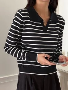 DAZY Sweater Kasual Serbaguna Lengan Panjang Berkerah Garis-garis untuk Wanita, Cocok untuk Musim Gugur. - Hitam - View 4