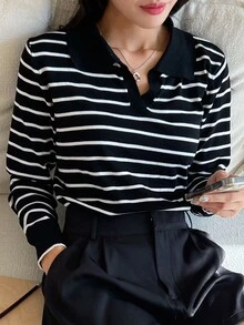 DAZY Sweater Kasual Serbaguna Lengan Panjang Berkerah Garis-garis untuk Wanita, Cocok untuk Musim Gugur. - Hitam - View 5