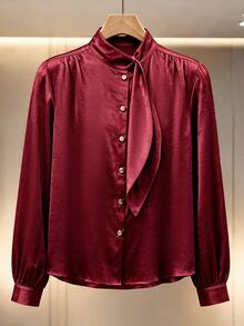 Franclia Kemeja Lengan Panjang Wanita Ukuran Besar Warna Polos Kasual Bisnis Elegan Serbaguna untuk Pakaian Sehari-hari Musim Gugur Kantor Formal Makan Malam Merah Musim Gugur - Burgundy - View 5
