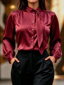 Franclia Kemeja Lengan Panjang Wanita Ukuran Besar Warna Polos Kasual Bisnis Elegan Serbaguna untuk Pakaian Sehari-hari Musim Gugur Kantor Formal Makan Malam Merah Musim Gugur - Burgundy - View 3