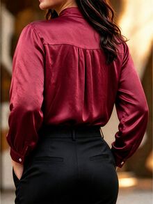 Franclia Kemeja Lengan Panjang Wanita Ukuran Besar Warna Polos Kasual Bisnis Elegan Serbaguna untuk Pakaian Sehari-hari Musim Gugur Kantor Formal Makan Malam Merah Musim Gugur - Burgundy - View 2