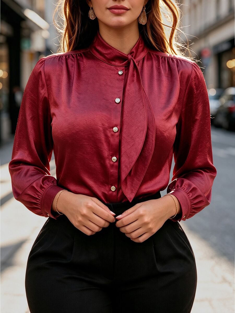 Franclia Kemeja Lengan Panjang Wanita Ukuran Besar Warna Polos Kasual Bisnis Elegan Serbaguna untuk Pakaian Sehari-hari Musim Gugur Kantor Formal Makan Malam Merah Musim Gugur - Burgundy - View 1