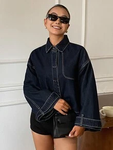 Livesso Petite Damjacka i denim med knappar och lång ärm, höstmode - Vitt - Visa 7