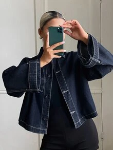 Livesso Petite Damjacka i denim med knappar och lång ärm, höstmode - Vitt - Visa 2