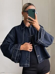 Livesso Petite Damjacka i denim med knappar och lång ärm, höstmode - Vitt - Visa 3