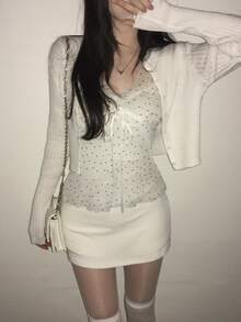 DAZY Women's Summer Casual Romantic Cute White And Black Polka Dot Print Tie Strap Tank Top Vacation Tea Party Everyday - White - View 5