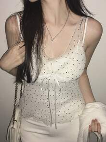 DAZY Women's Summer Casual Romantic Cute White And Black Polka Dot Print Tie Strap Tank Top Vacation Tea Party Everyday - White - View 3