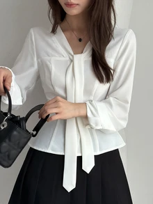 DAZY Women's Gentle Style French Button Long Sleeve Blouse For Date Vacation - White - View 2