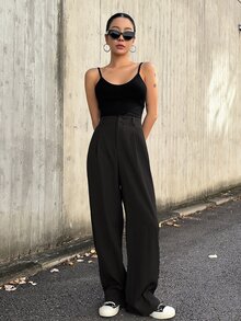 DAZY Women's Solid Color High Waist Pleated Straight Leg Casual Pants Autumn Work Office Black - Black - View 3