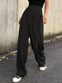 DAZY Women's Solid Color High Waist Pleated Straight Leg Casual Pants Autumn Work Office Black - Black - View 4