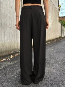 DAZY Women's Solid Color High Waist Pleated Straight Leg Casual Pants Autumn Work Office Black - Black - View 2