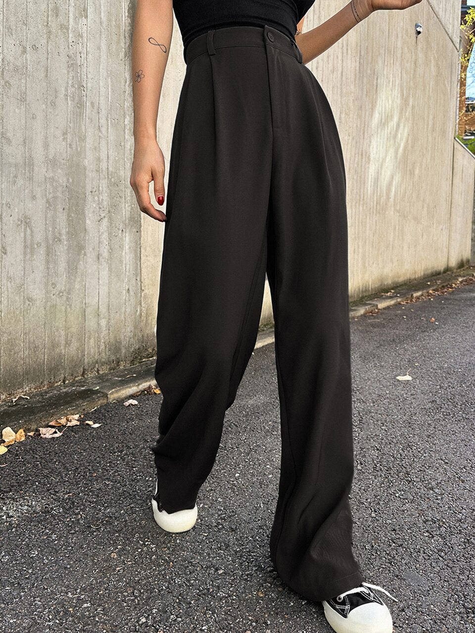 Women's Solid Color High Waist Pleated Straight Leg Casual Pants Fall