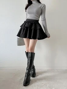 FRIFUL Women's Casual Commute Jacquard Ruffle Hem Skirt Fall - Black - View 10
