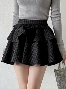 FRIFUL Women's Casual Commute Jacquard Ruffle Hem Skirt Fall - Black - View 4