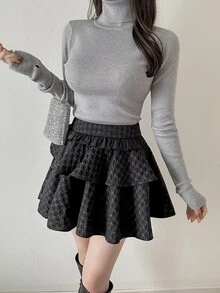 FRIFUL Women's Casual Commute Jacquard Ruffle Hem Skirt Fall - Black - View 8