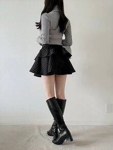 FRIFUL Women's Casual Commute Jacquard Ruffle Hem Skirt Fall - Black - View 3