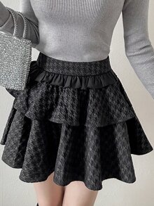 FRIFUL Women's Casual Commute Jacquard Ruffle Hem Skirt Fall - Black - View 6
