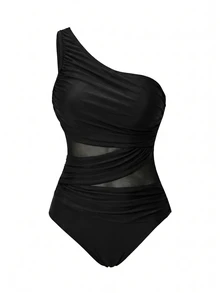 Swim Oasis 女款網格拼接百褶單肩連身泳衣附裙，適合海灘度假、泳池派對、海灘派對 - 彩色 - 查看 5