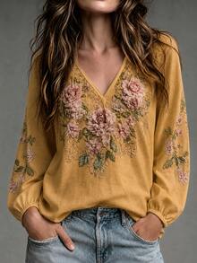 SHEIN 秋季優雅度假長袖花卉印花女上衣，派對聚會購物通勤女上衣 - 黃色 - 查看 4