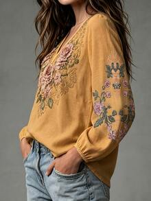 SHEIN 秋季優雅度假長袖花卉印花女上衣，派對聚會購物通勤女上衣 - 黃色 - 查看 3