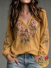 SHEIN 秋季優雅度假長袖花卉印花女上衣，派對聚會購物通勤女上衣 - 黃色 - 查看 1