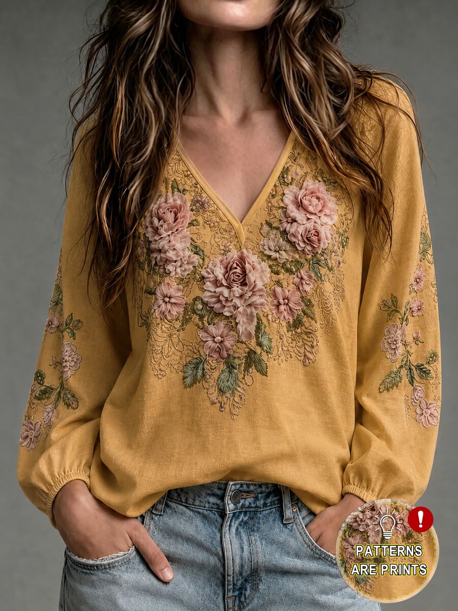 SHEIN 秋季優雅度假長袖花卉印花女上衣,派對聚會購物通勤女上衣 - 黃色 - 查看 1