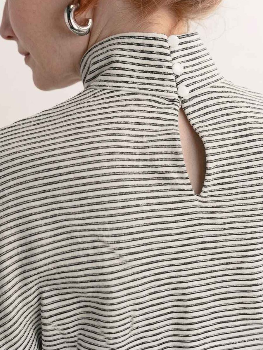 FRIFUL Women's Casual Striped Stand Collar T-Shirt, Autumn/Winter Vacation - Black and White - View 1