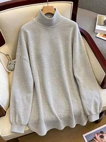 FRIFUL Women's Casual Striped Stand Collar T-Shirt, Autumn/Winter Vacation - Black and White - View 2