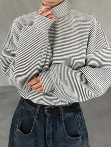 FRIFUL Women's Casual Striped Stand Collar T-Shirt, Autumn/Winter Vacation - Black and White - View 3