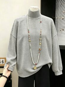 FRIFUL Women's Casual Striped Stand Collar T-Shirt, Autumn/Winter Vacation - Black and White - View 5