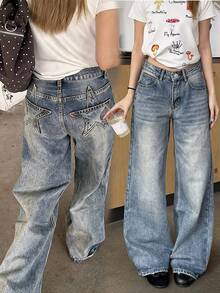 DAZY Women's Casual Y2k 2000s Washed Star Patchwork Denim Jeans Summer Everyday Night Out Light Blue - Blue - View 2