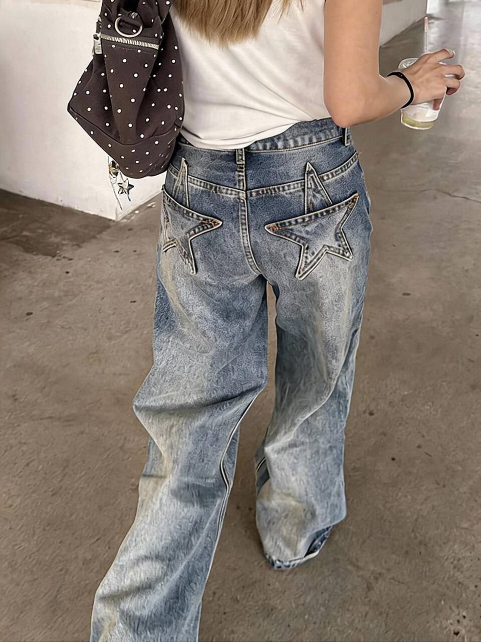 Women's Casual Washed Star Patchwork Denim Jeans Fall