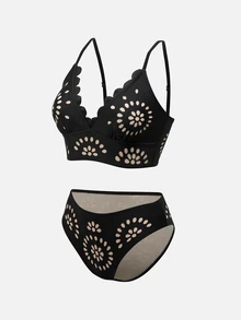 Swim Oasis Women Black Summer Casual Holiday Vacation 3 Pieces Swimwear Set, & Elegant Laser Cutout Boho Bathing Suit,Bohemian Beach Outfits Holiday Outfit - Multicolor - View 6