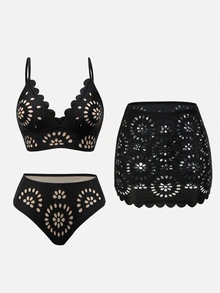 Swim Oasis Women Black Summer Casual Holiday Vacation 3 Pieces Swimwear Set, & Elegant Laser Cutout Boho Bathing Suit,Bohemian Beach Outfits Holiday Outfit - Multicolor - View 4
