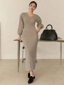 DAZY Women's Solid Color V-Neck Long Sleeve Fitted Elegant Knit Dress Fall - Khaki - View 5