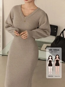 DAZY Women's Solid Color V-Neck Long Sleeve Fitted Elegant Knit Dress Fall - Khaki - View 1