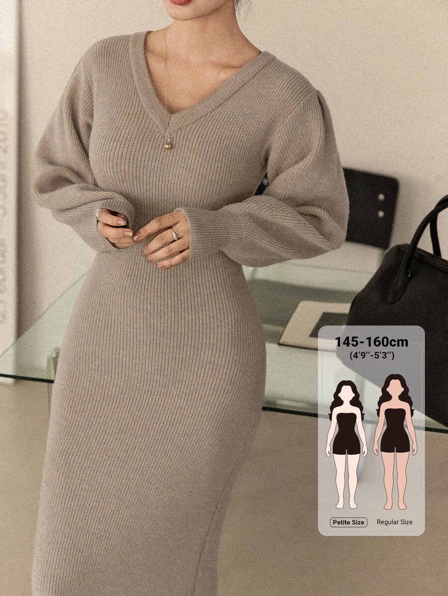 DAZY Women's Solid Color V-Neck Long Sleeve Fitted Elegant Knit Dress Fall - Khaki - View 1
