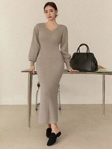 DAZY Women's Solid Color V-Neck Long Sleeve Fitted Elegant Knit Dress Fall - Khaki - View 4