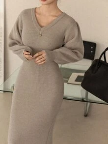 DAZY Women's Solid Color V-Neck Long Sleeve Fitted Elegant Knit Dress Fall - Khaki - View 8