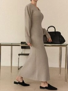 DAZY Women's Solid Color V-Neck Long Sleeve Fitted Elegant Knit Dress Fall - Khaki - View 9