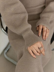 DAZY Women's Solid Color V-Neck Long Sleeve Fitted Elegant Knit Dress Fall - Khaki - View 7