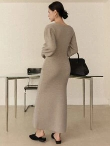 DAZY Women's Solid Color V-Neck Long Sleeve Fitted Elegant Knit Dress Fall - Khaki - View 2