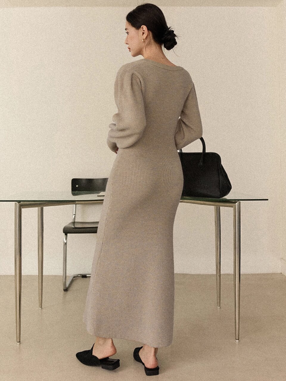 Women's Solid Color V-Neck Long Sleeve Fitted Elegant Knit Dress Fall